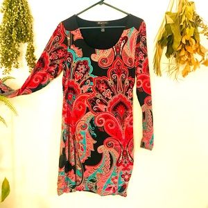 Retro Long Sleeves Mini Dress w/ Paisley Pattern